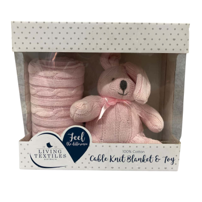 Living Textile 100% Cotton Pink Cable Knit Blanket & Toy gift set
