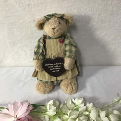 Teddy Bear with Beige / Green Checked Dress holding Heart Sign Door Stop