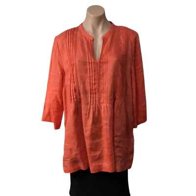 Sussan Womens Size 16 Orange 100% Linen 3/4 Sleeve V-neck Top