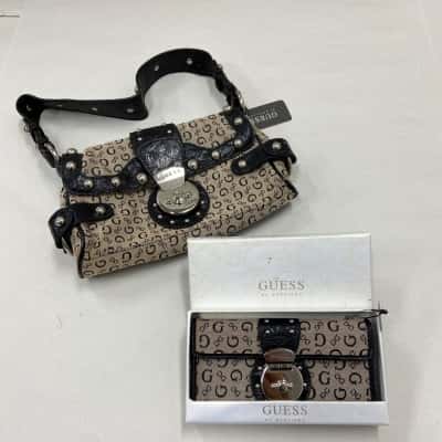 New - Vintage Guess Marciano Monogram Studded Shoulder Bag and Matching Wallet Set - Beige / Black  