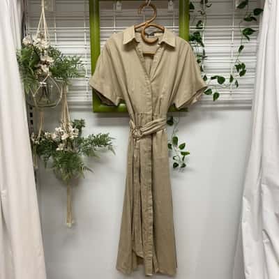 Zara Womens  Linen and Cotton Size M Maxi Dress Beige 