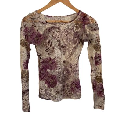  Womens  Size S / XS Long Sleeve Mesh Top Y2K Floral / Grey / Off White / Purple 