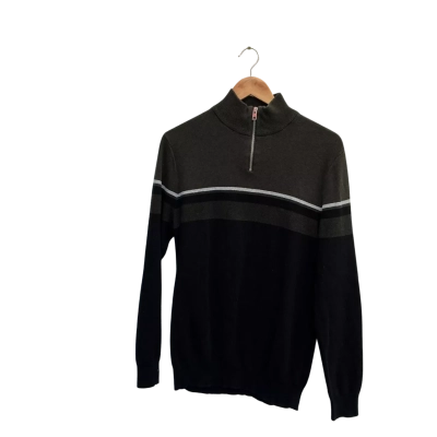  Mens  Size M/ long sleeve sweater quarter zip stripped green, white, and black