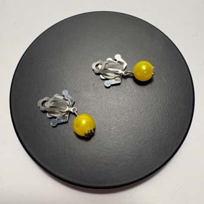 Costume Clip On Yellow Crown Earrings 