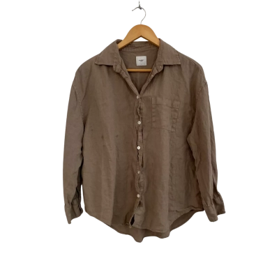 Academy Womens Linen Size S Button Up Top / Long Sleeve Top Brown / Khaki 