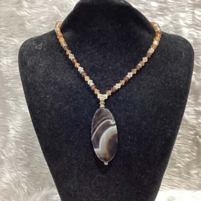 Womens Banded Botswana Agate Pendant necklace with brown & clear beads & silver tone spacers