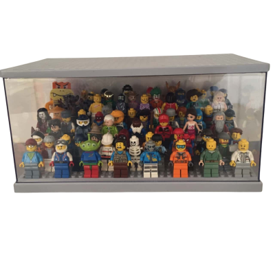 Quirky 67 Lego Mini Figures Various Vintages in plastic display box. CAB