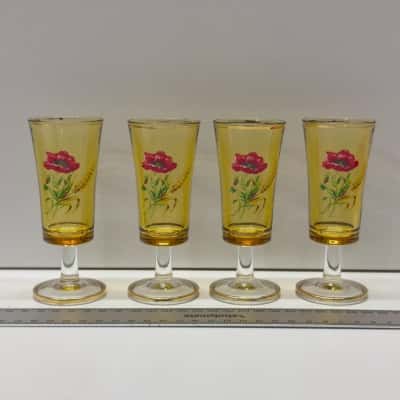 Vintage Amber Glass Stemmed Liqueur Shot Glasses Red Poppy Floral Set 4