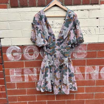 Angel Biba "Olive Fultter Floral" Womens  Size 12 Mini Dress