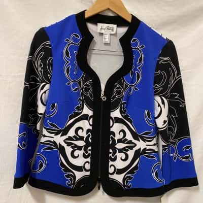 Joseph Ribkoff Womens  Size 10 Cropped Jacket Black  / Blue / Off White / Pattern 