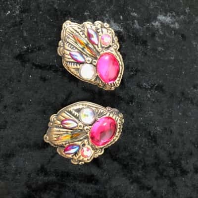  Annie Day Handmade Australia Clip On Earrings Multicoloured Gem Stones - VINTAGE