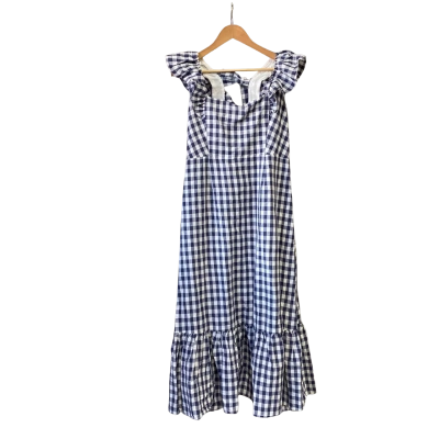 Amelius Womens  Size 14 Linen Maxi Dress Blue / Checked / White 
