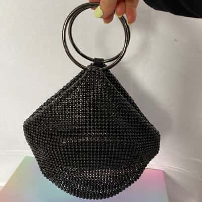 Olga Berg Womens Black Crystal Mesh Ring handle bag