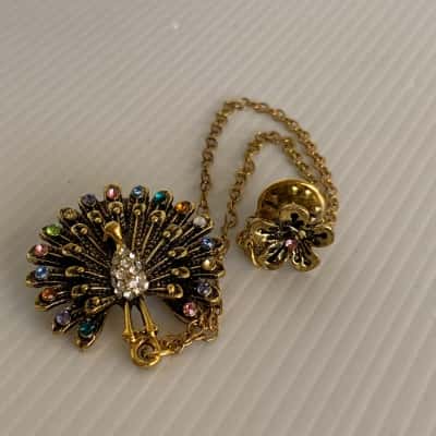 Vintage Style Peacock Chain Brooch with Rainbow Rhinestones