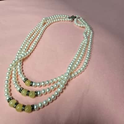  Womens 3 Stranded Beaded Necklace - genuine pearls