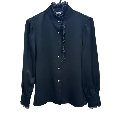 Aomashi Womens  Size S Black Long Sleeve Fancy Buttoned Top