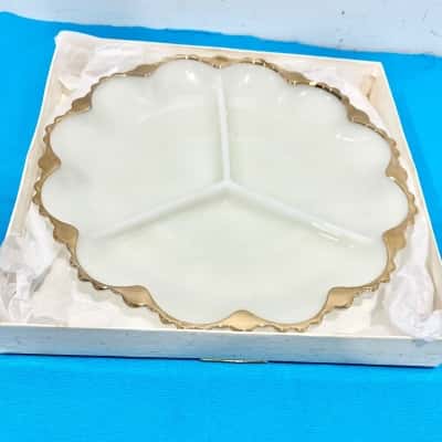 Vintage Anchor Hocking Serving Dish Gold Trim in Original Box 