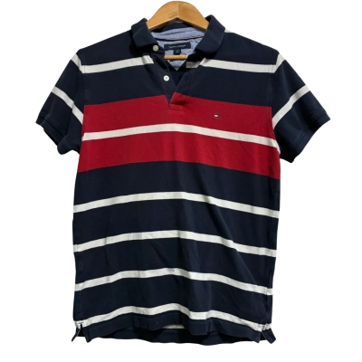 Tommy Hilfiger, Mens, Size L, navy blue collared shirt with white stripes and a maroon strip