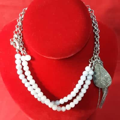  Womens Beaded Necklace Grey / Silver Light Lavender Beads, Leaf Shaped Pendant stamped with Flowers