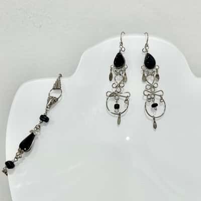 Boho Black Gemstone Drop Earrings & Matching Bracelet 