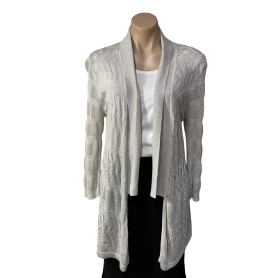 Liz Jordan Womens Size M Pale Grey / Silver Metallic Thread Lacey Pattern Open Cardigan 