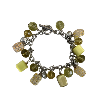  Womens Beaded Bracelet Silver Tone / Yellow Moonstone and Millefiori Art Glass Flower Beads 