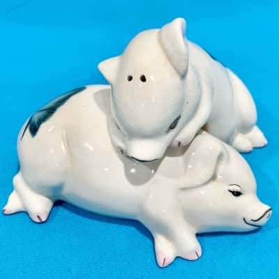 Vintage Cute Pig Salt & Pepper Shakers- blue butterfly design 