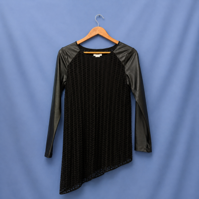  Ixiah Womens Size 8 Black Faux Leather Sleeve Asymmetric Top