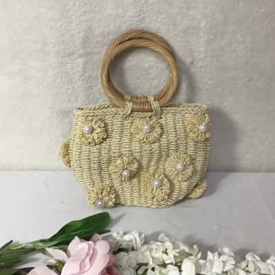 Womens Small Woven Straw Bucket Tote Bag with Flower Raffia Straw Faux Pearls & Round Top Handle