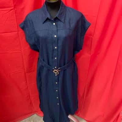 Wayne Cooper Womens  Size 16 Navy Blue Organic Linen Dress RRP: 159.99