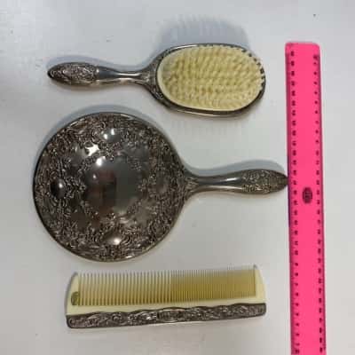 Vintage Silver Plated Vanity 3pc Set Ornate Dresser Set Victorian Romantic
