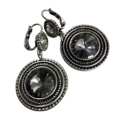 Dark Grey Crystal Vintage-inspired Silver Tone Dangle Earrings