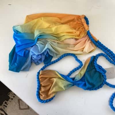 Musera Blue Yellow Gradient Twist Rope Detail Mesh Swim Coverup Skirt Set Size Ll