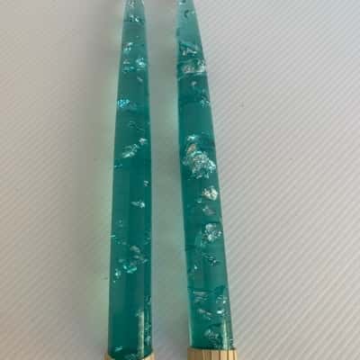 Pair 8" Teal/Turquoise MCM Lucite Taper Candles with Silver Flecks