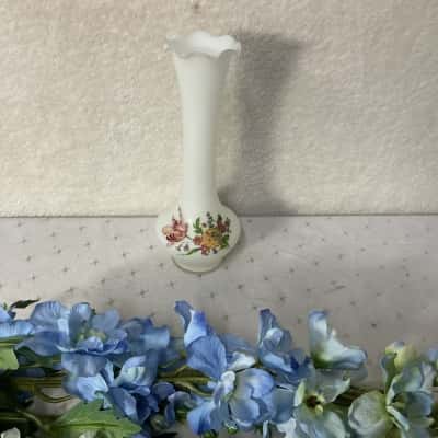 Vintage White Frosted Milk Glass Ruffled Top Bud Vase with Floral Pattern
