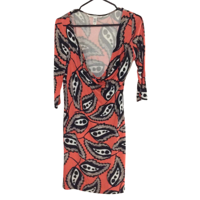 Diane Von Furstenberg Womens  Size 10 Bodycon Dress Black  / Khaki / Orange / Pattern 