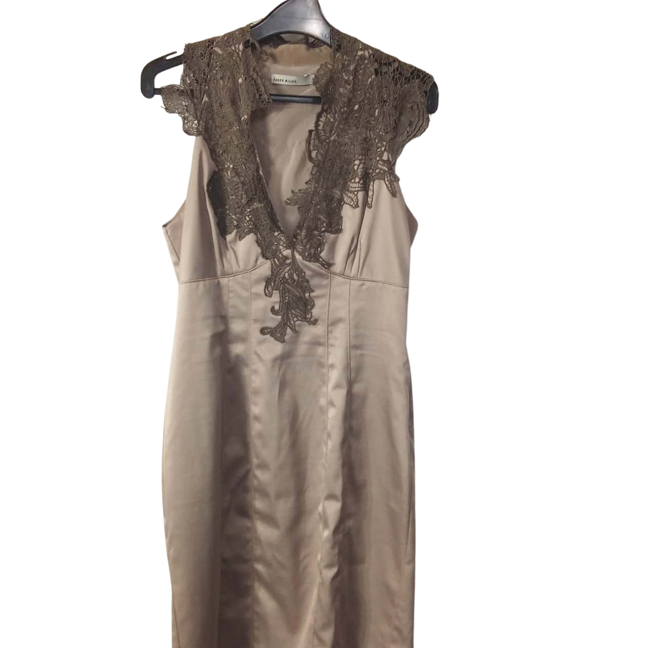 Karen Millen Ladies Brown Satin Look Dress With Crochet Overlay Size 16 UAN
