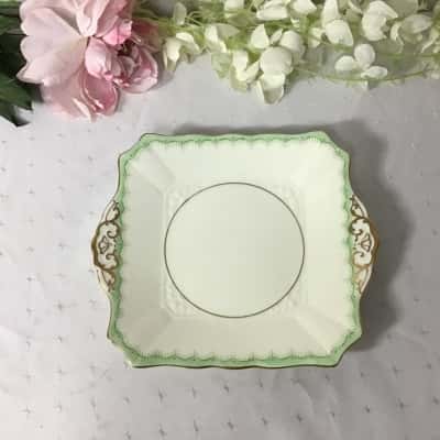 Vintage Plant Tuscan China Cream / Green Pattern Art Deco Square Cake Plate 