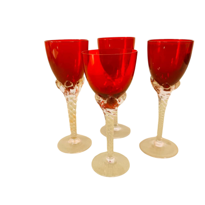 Vintage Ruby Red Wine Glasses with Clear Stem & Base (Set of 4) – Retro / Mid-Century Modern 