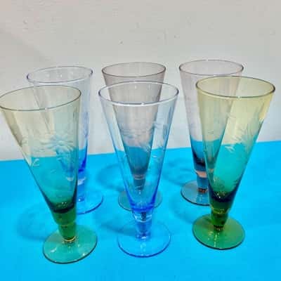 Vintage Harlequin Etched Glass Champange Flutes