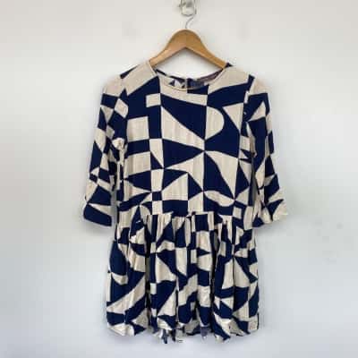 Mister Zimi Navy Blue White Pattern Elbow Sleeve Mini Dress  Size 6 
