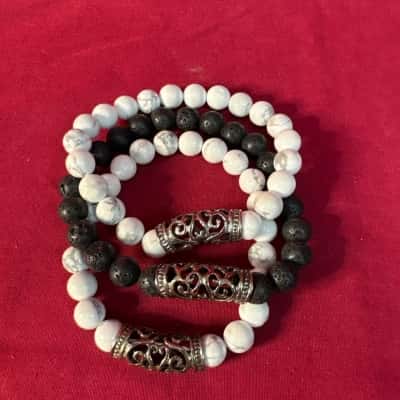  Women's Beaded Bracelet's x 3 - 1 x Lava Stone, 2 x White Howlite all with Decorative Metal Clasp
