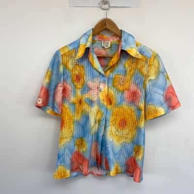 Sylvia's Blue Yellow Floral Short SLeeve Shirt Size 18