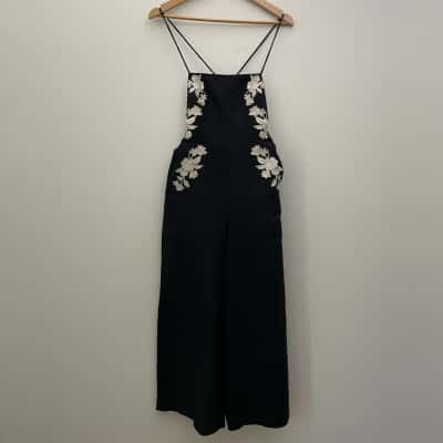 Zimmermann Womens  Size 0 Wide Leg Linen Jumpsuit - Backless - Black with White Embroidery