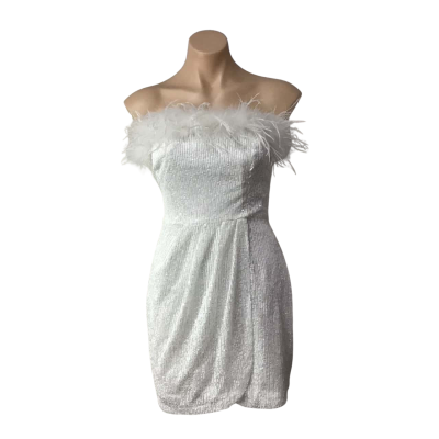 Collection Womens Size 8 White Sequin / Feather Trim Strapless Mini Dress  