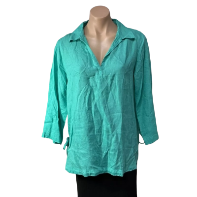 Isaac Mizrahi Womens Size L Teal 100% Linen 3/4 Sleeve Top with Collar