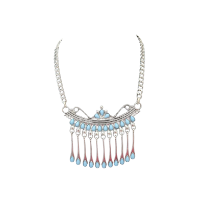  Womens Fashion Necklace Silver Look/Blue Plastic Teardrop Beads