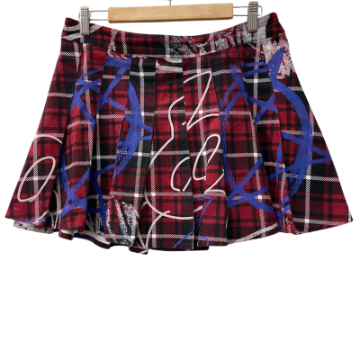 Black Friday - Tartan Pleated Mini Skirt with Blue & White Graphic Print