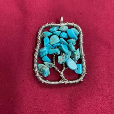  Womens Artisan Woven Metal and Turquoise Tree Pendant 