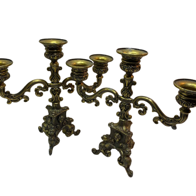 Pair Vintage Ornate 3 Arm Candelabra Candle Holder Baroque Rococo Style Metal Decor